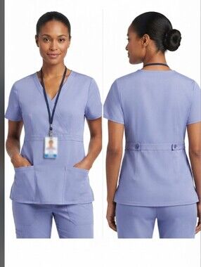 Natural Uniforms UltraSoft Mock Wrap Scrub Top XS Ceil Blue Adjustable Back Tabs